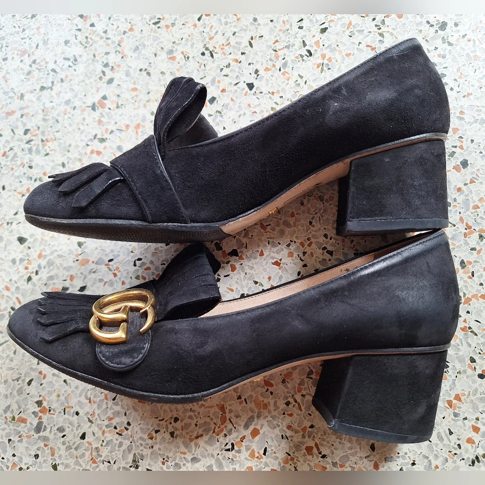 Gucci Marmont Suede Fringe GG Logo‎ Loafer Pumps - Picture 7 of 17